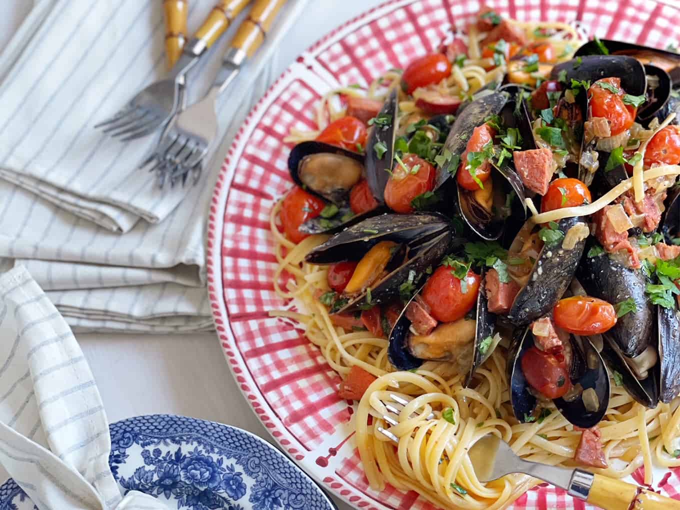 Tomato Chorizo Mussels with Linguine Recipe Maine Seafood